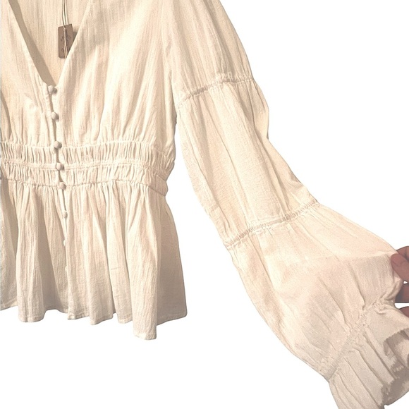 Faherty Colette Organic Cotton Blouse Button Up Smocked Ruffles White Sz L - Picture 8 of 16